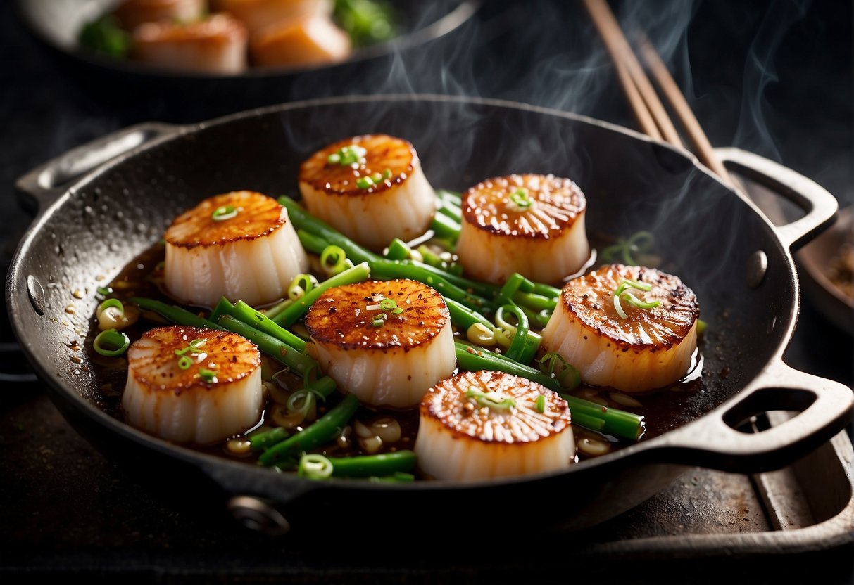 Searing scallops in a hot wok with ginger, garlic, and soy sauce. Finishing with a sprinkle of green onions and a drizzle of sesame oil