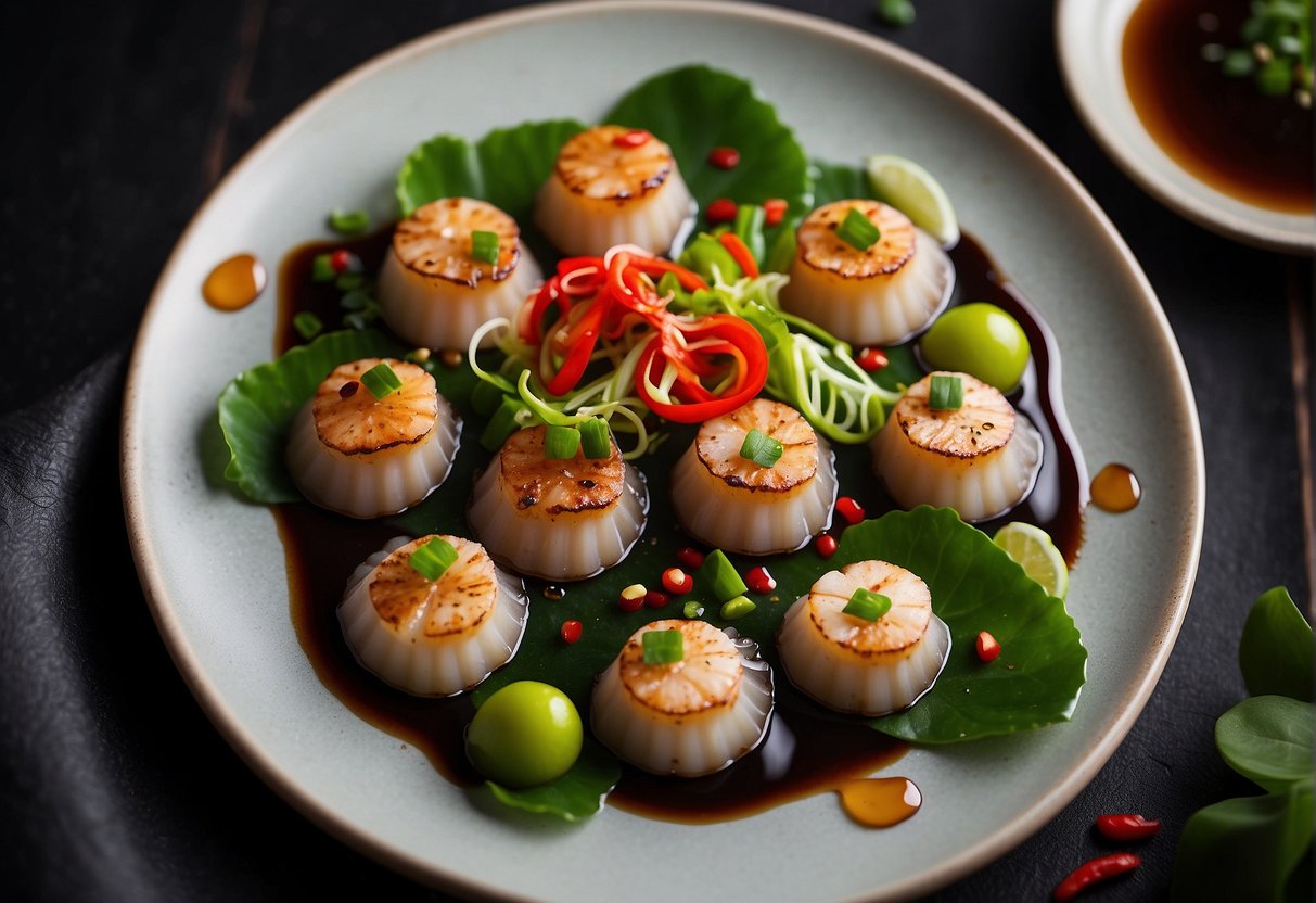 Scallops arranged on a round plate with vibrant green garnish, surrounded by small dishes of soy sauce and chili oil