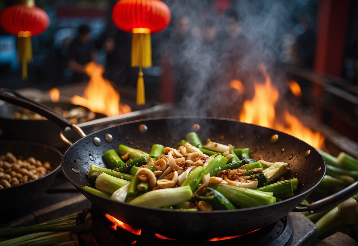 A wok sizzles as leeks are stir-fried with garlic, ginger, and soy sauce. Red lanterns hang in the background, symbolizing good luck for Chinese New Year
