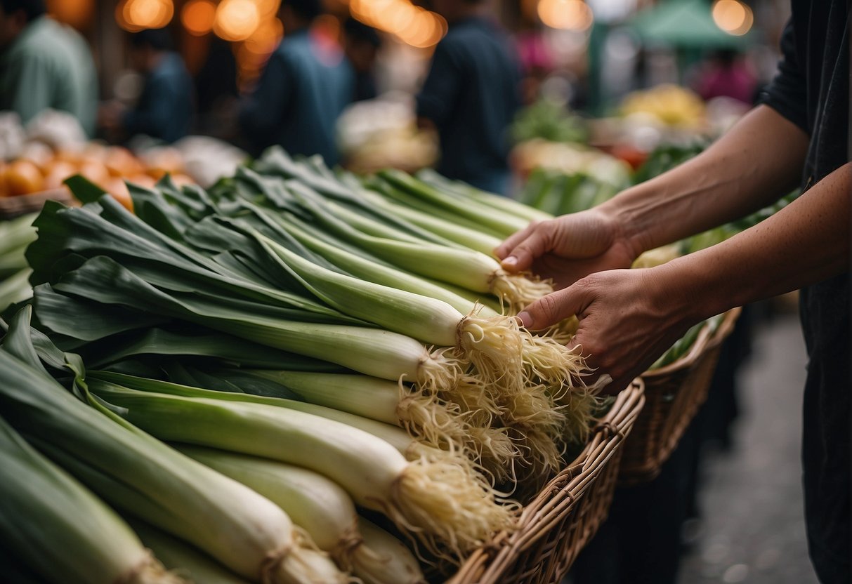 A hand reaches for fresh, vibrant leeks at a bustling Chinese market, carefully selecting the highest quality produce for a traditional New Year recipe