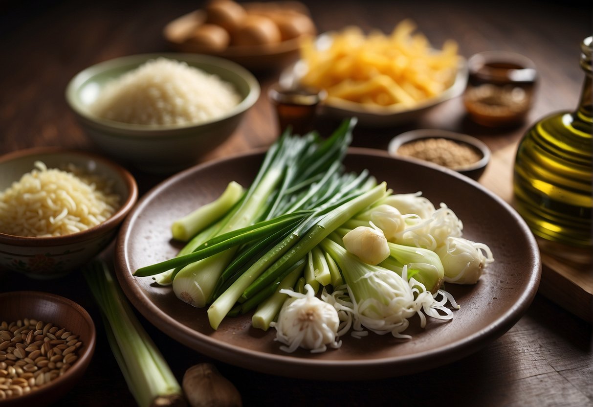 A table with Chinese New Year leek recipe ingredients: leeks, soy sauce, garlic, ginger, and sesame oil. Possible substitutes such as scallions, shallots, or tamari