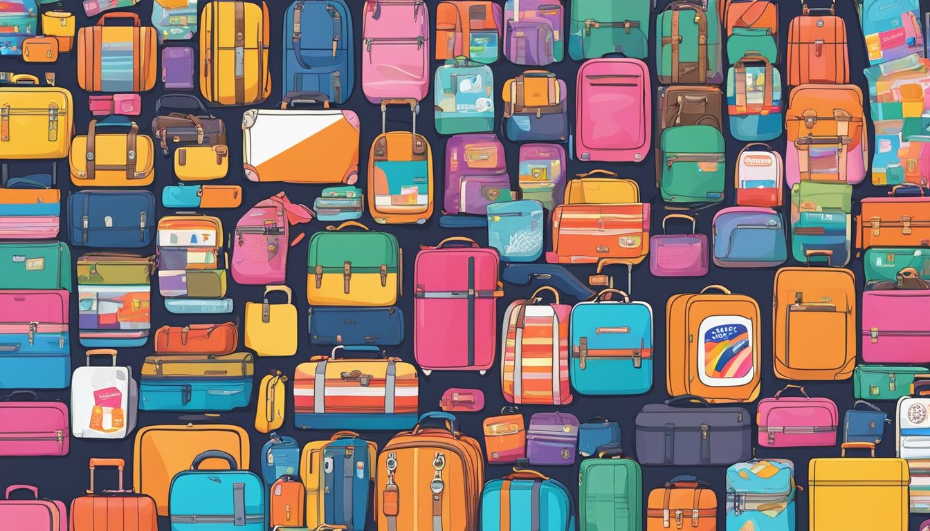 A colorful display of luggage stickers at a busy marketplace in Singapore. Brightly designed stickers are neatly arranged on a stand, with a variety of designs and sizes available for purchase