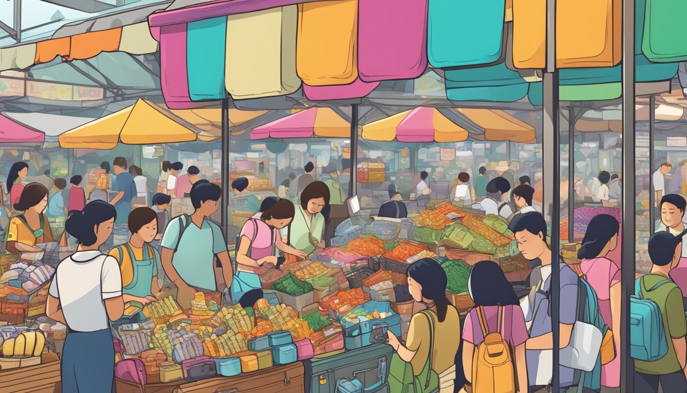 A bustling market stall in Singapore displays a colorful array of luggage stickers, with customers browsing and making purchases