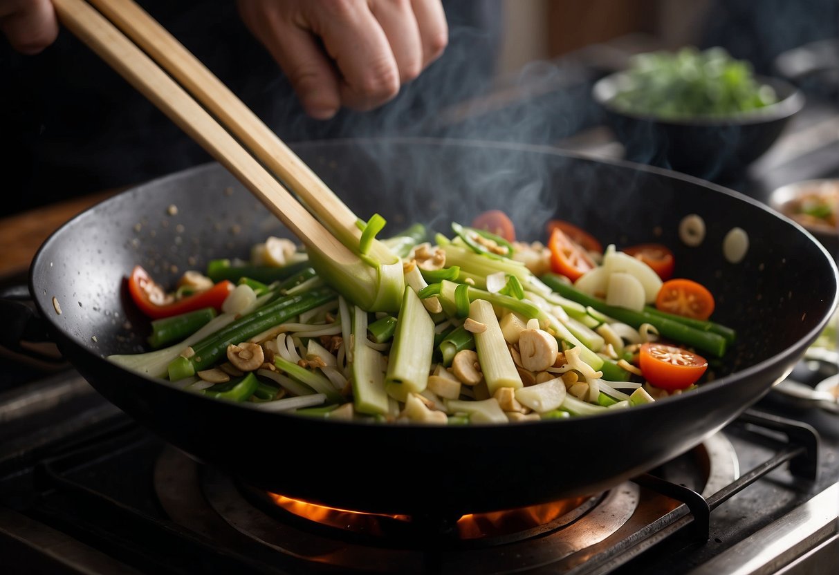A wok sizzles with chopped leeks and garlic. A chef's knife slices through the vegetables. Chopsticks stir the fragrant mixture