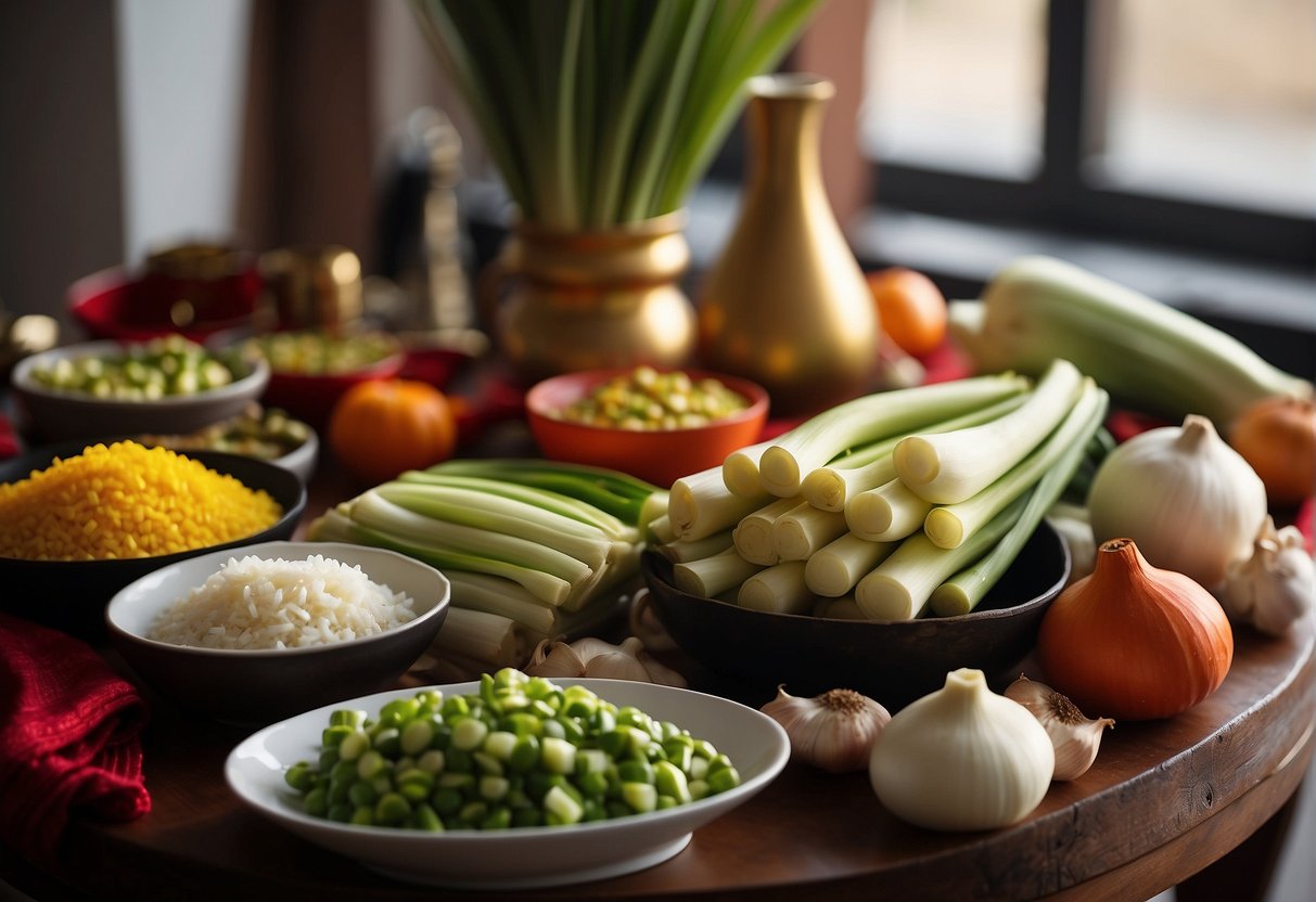A table filled with vibrant leeks, garlic, and other ingredients for Chinese New Year leek recipes. Red and gold decorations add to the festive atmosphere