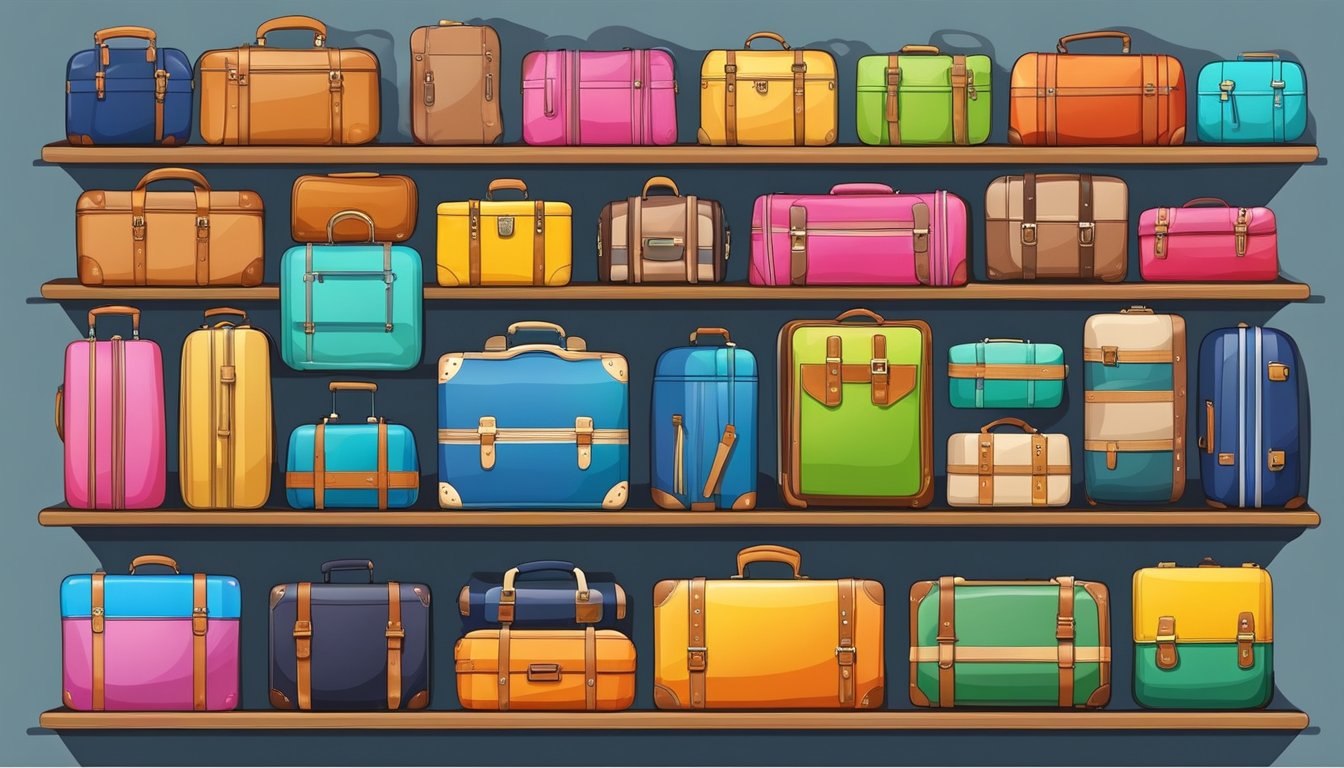 Colorful luggage stickers displayed on a shelf in a travel store, with a variety of designs and sizes available for purchase