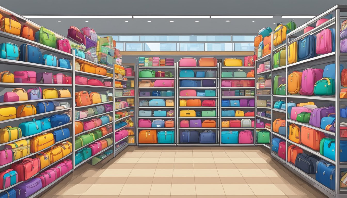 A colorful display of luggage stickers at a Singapore store, with various designs and sizes neatly arranged on shelves