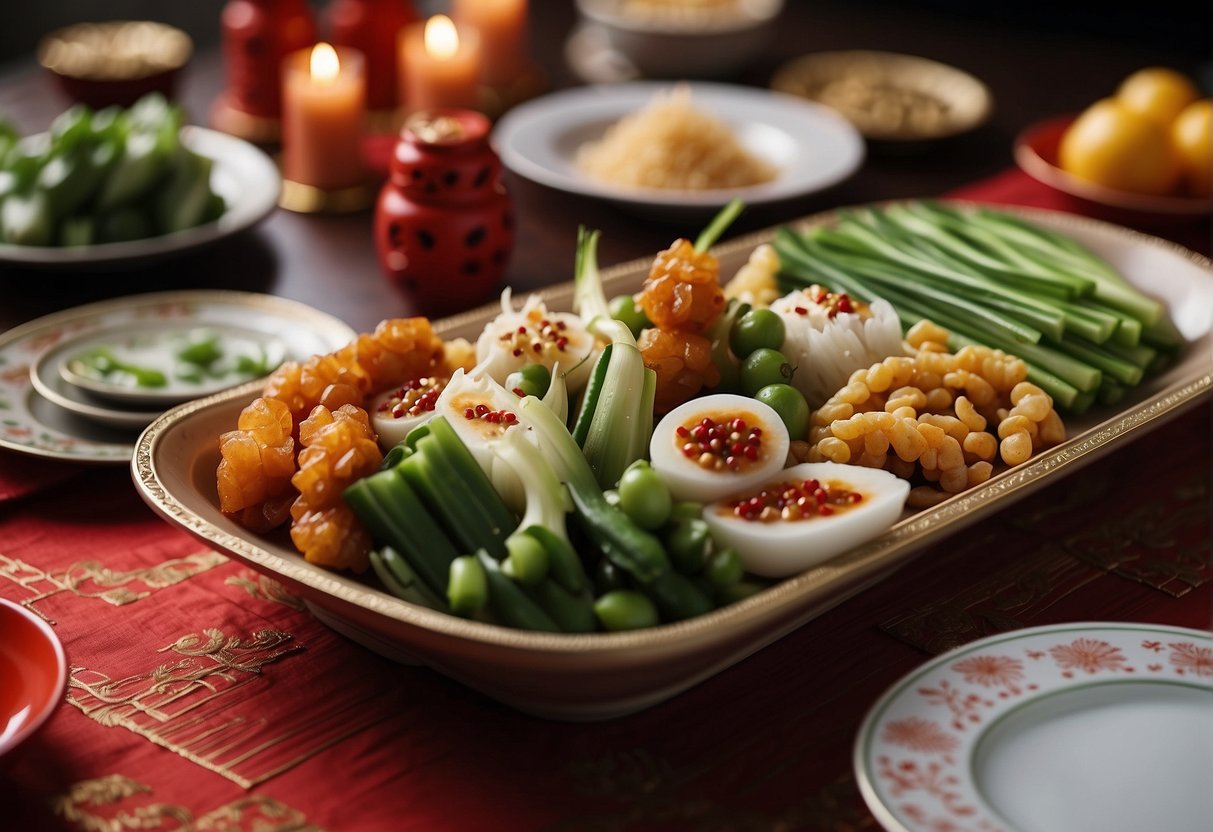 A table set with Chinese New Year leek dish, surrounded by traditional Chinese decorations