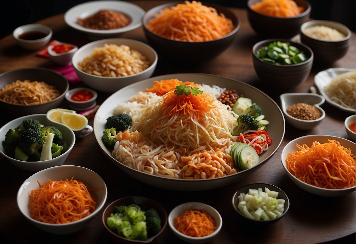 A table set with various ingredients for a Chinese New Year lo hei recipe, including shredded vegetables, sauces, and condiments