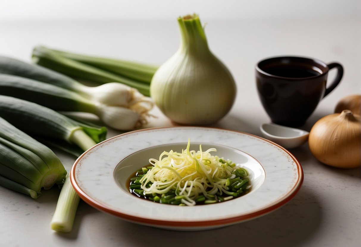 A table set with ingredients like leeks, garlic, and soy sauce, with a recipe book open to a page titled "Chinese New Year Leek Recipe."