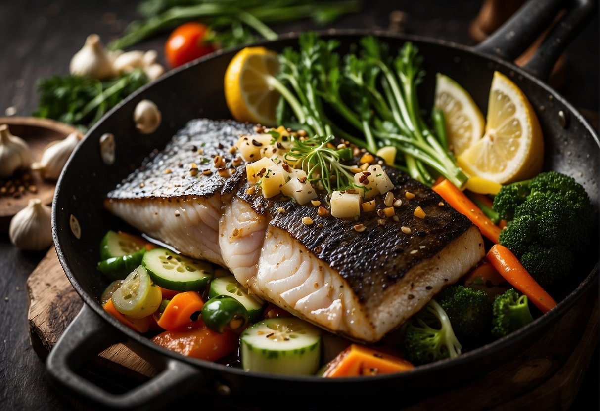 Sea bass fillet sizzling in a wok with ginger, garlic, and soy sauce. Aromatic steam rising, surrounded by vibrant vegetables and herbs