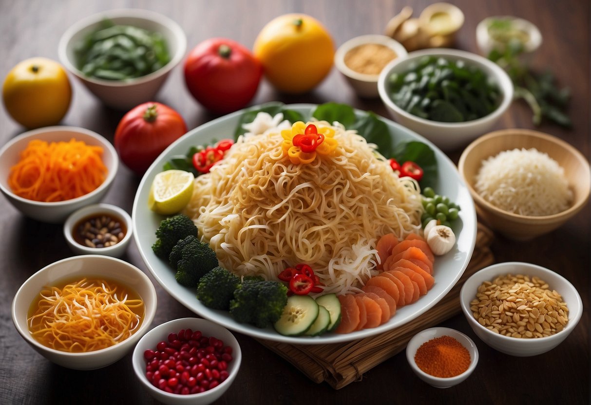 A colorful array of essential ingredients for a Chinese New Year lo hei recipe, with possible substitutes displayed nearby