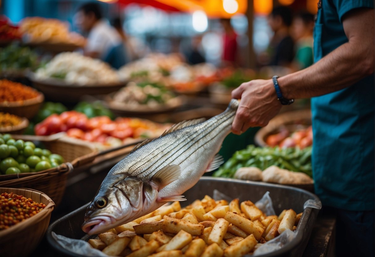 A hand reaches for a fresh sea bass fillet at a bustling Chinese market, surrounded by vibrant colors and exotic spices