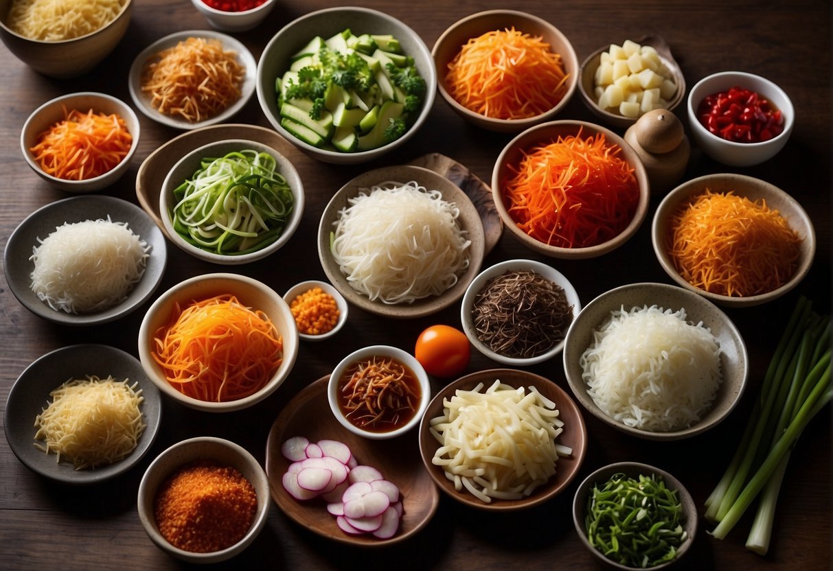 Various ingredients laid out on a table, including shredded vegetables, sauces, and condiments, ready to be mixed together for the traditional Lo Hei Chinese New Year recipe