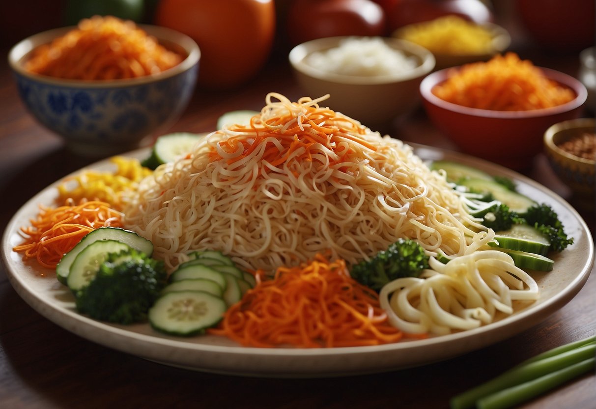 A colorful platter of shredded vegetables, sauces, and toppings arranged for a traditional Chinese New Year Lo Hei celebration