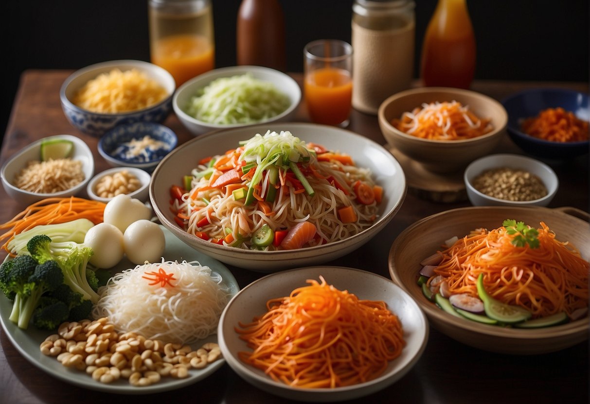 A colorful table spread with various ingredients for Lo Hei, including raw fish, shredded vegetables, sauces, and condiments