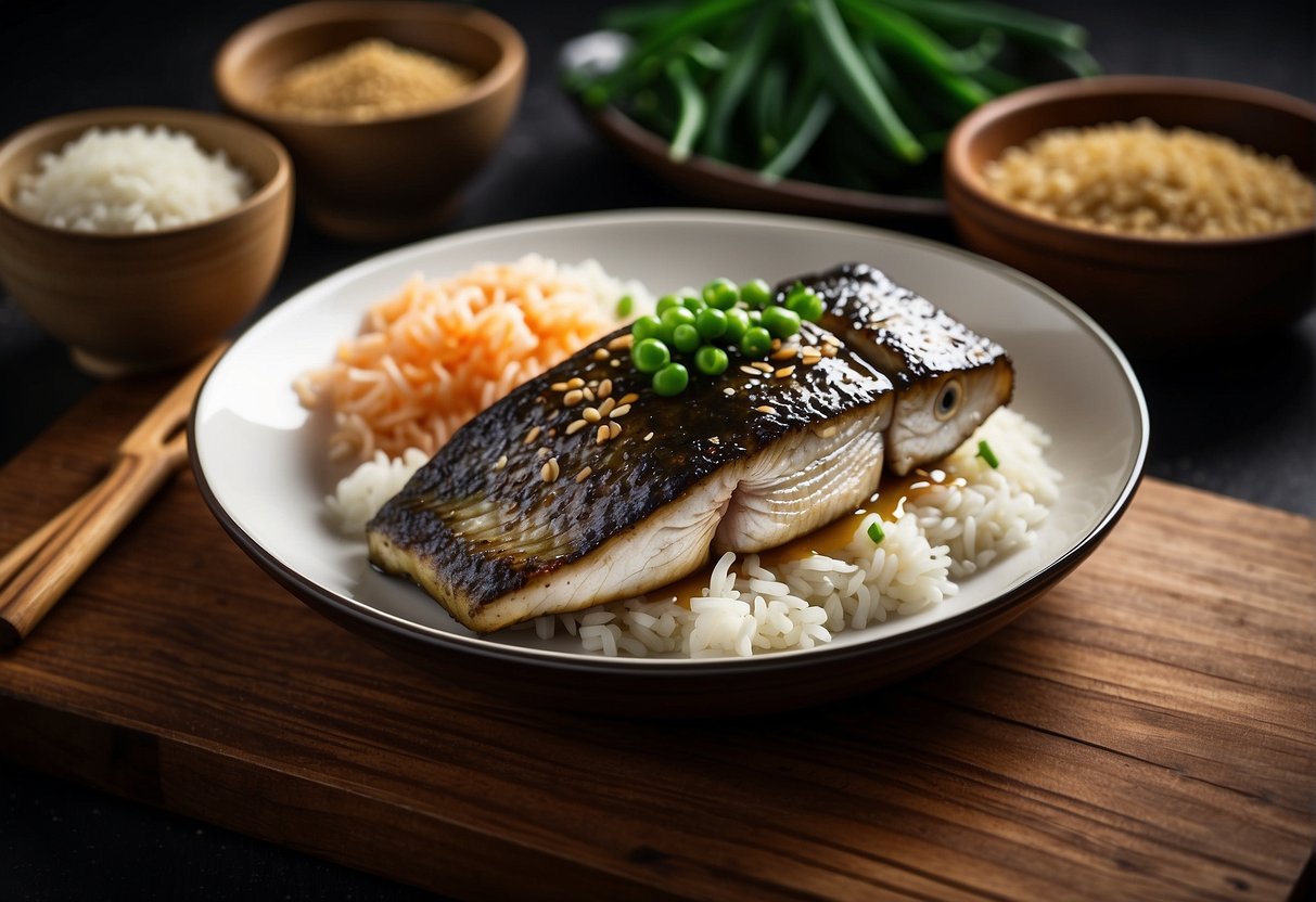 A sea bass fillet, ginger, garlic, soy sauce, and green onions on a cutting board with a bowl of sesame oil and rice vinegar