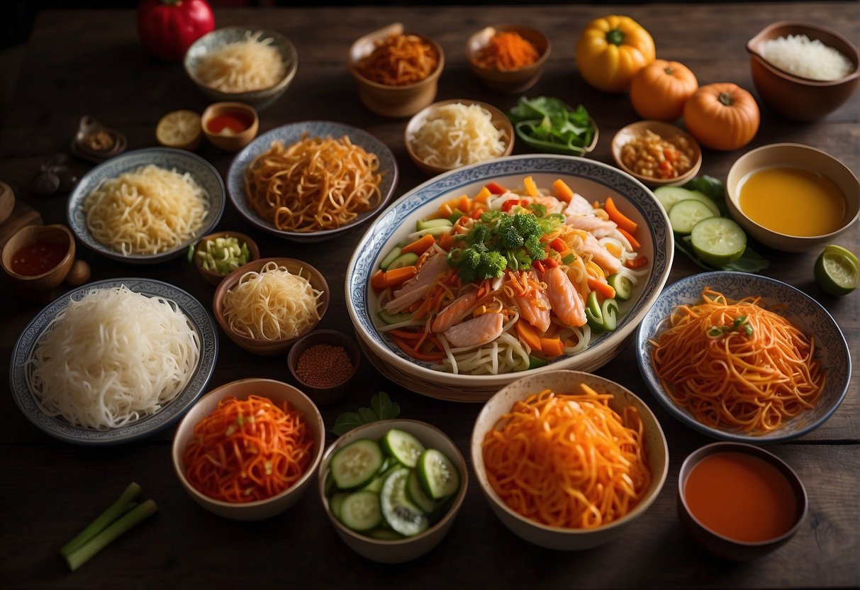 A table set with colorful ingredients for a Chinese New Year lo hei recipe, including fish, vegetables, and sauces, ready to be mixed together for the traditional tossing ritual