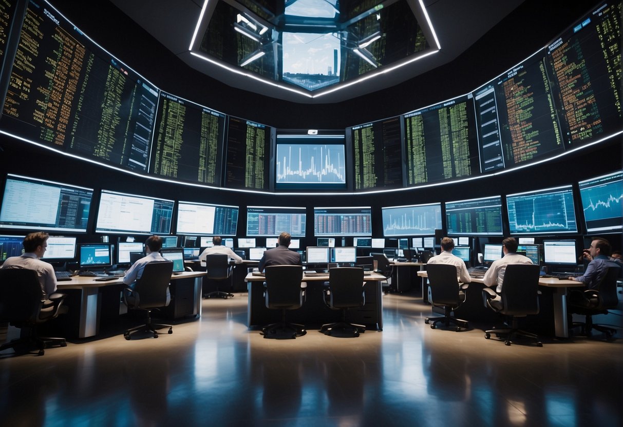 A busy stock exchange floor with traders analyzing charts and screens, discussing market timing strategies. Multiple computer monitors and financial data displayed