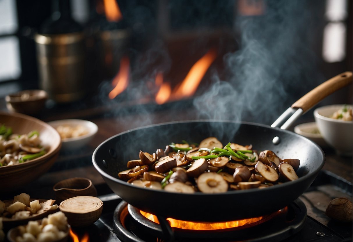 A wok sizzles with sliced shiitake mushrooms, garlic, and ginger in a fragrant soy sauce, symbolizing prosperity for a Chinese New Year feast
