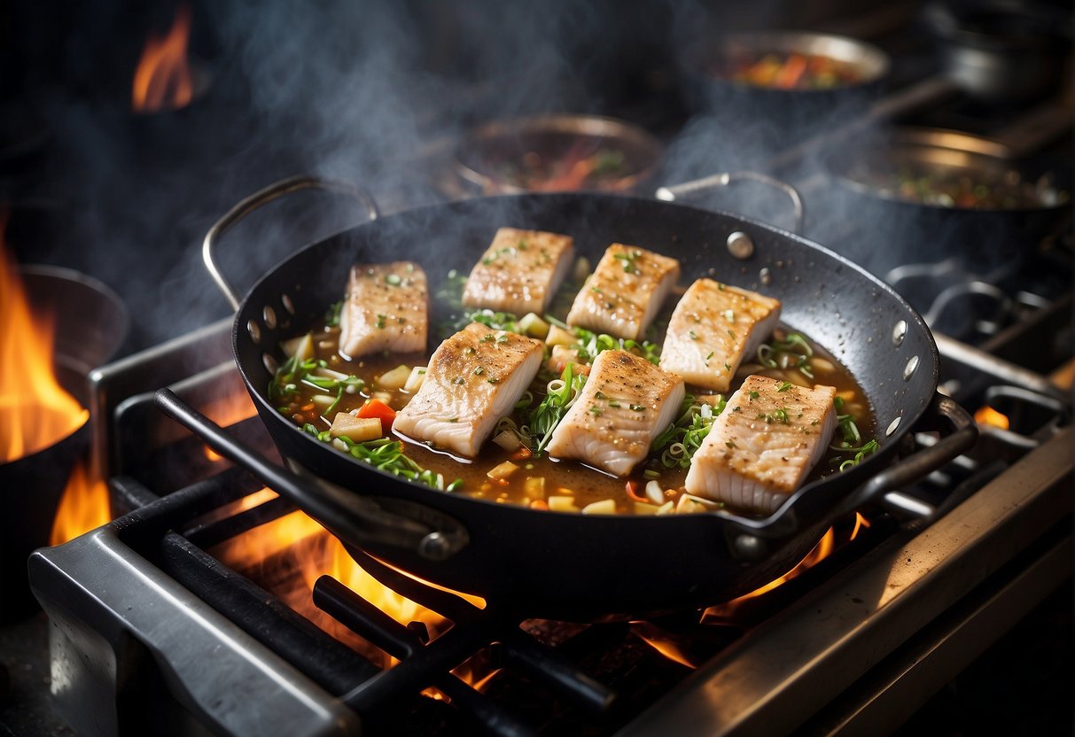 Sea bass fillet sizzling in a hot wok with aromatic Chinese spices and herbs, surrounded by steaming pots and pans