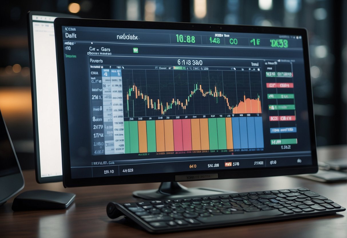 A computer screen displaying stock charts and market data, with a calendar and clock in the background, symbolizing the role of technology in market timing