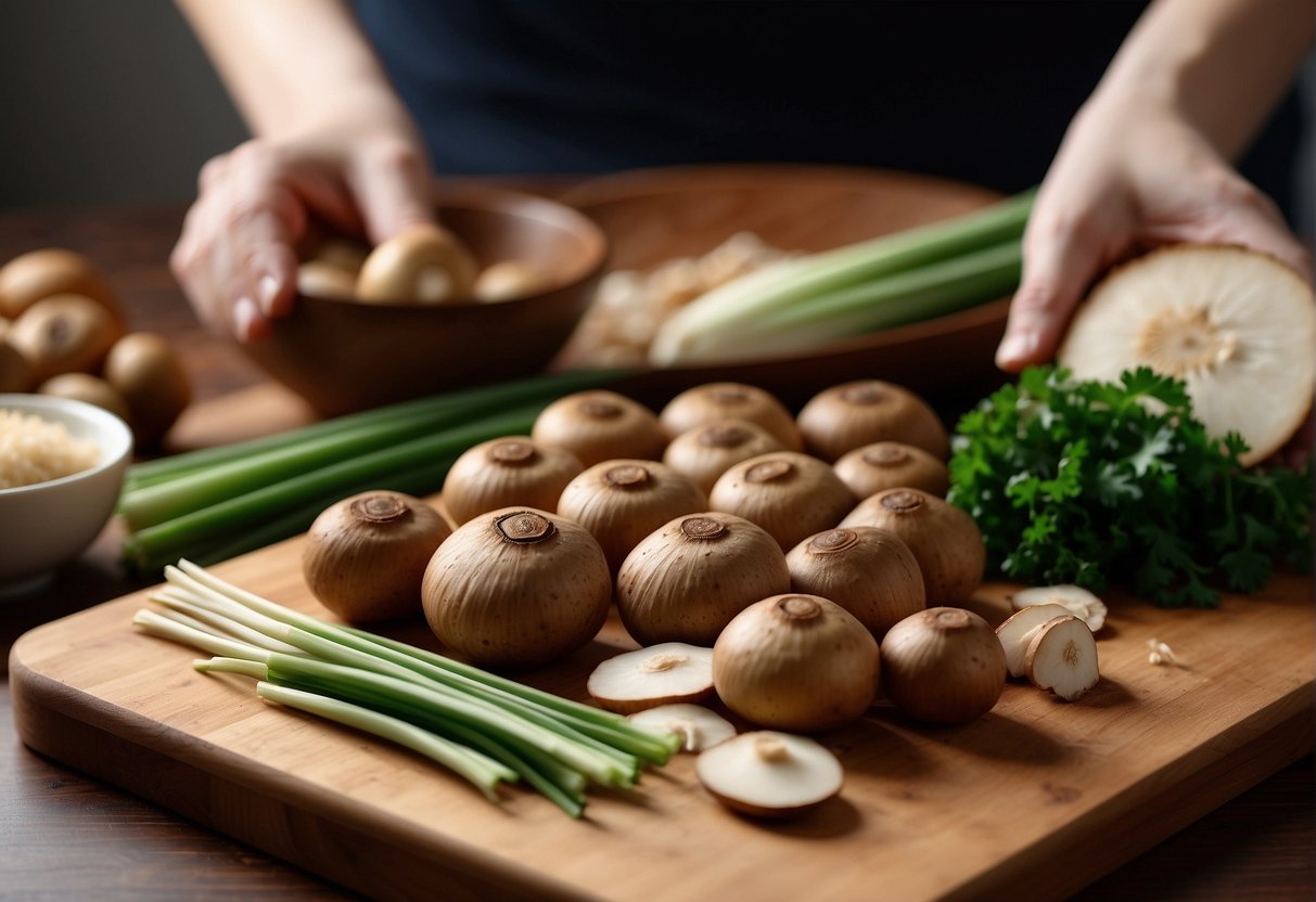A hand reaches for fresh shiitake mushrooms, ginger, and green onions on a wooden cutting board for a Chinese New Year recipe