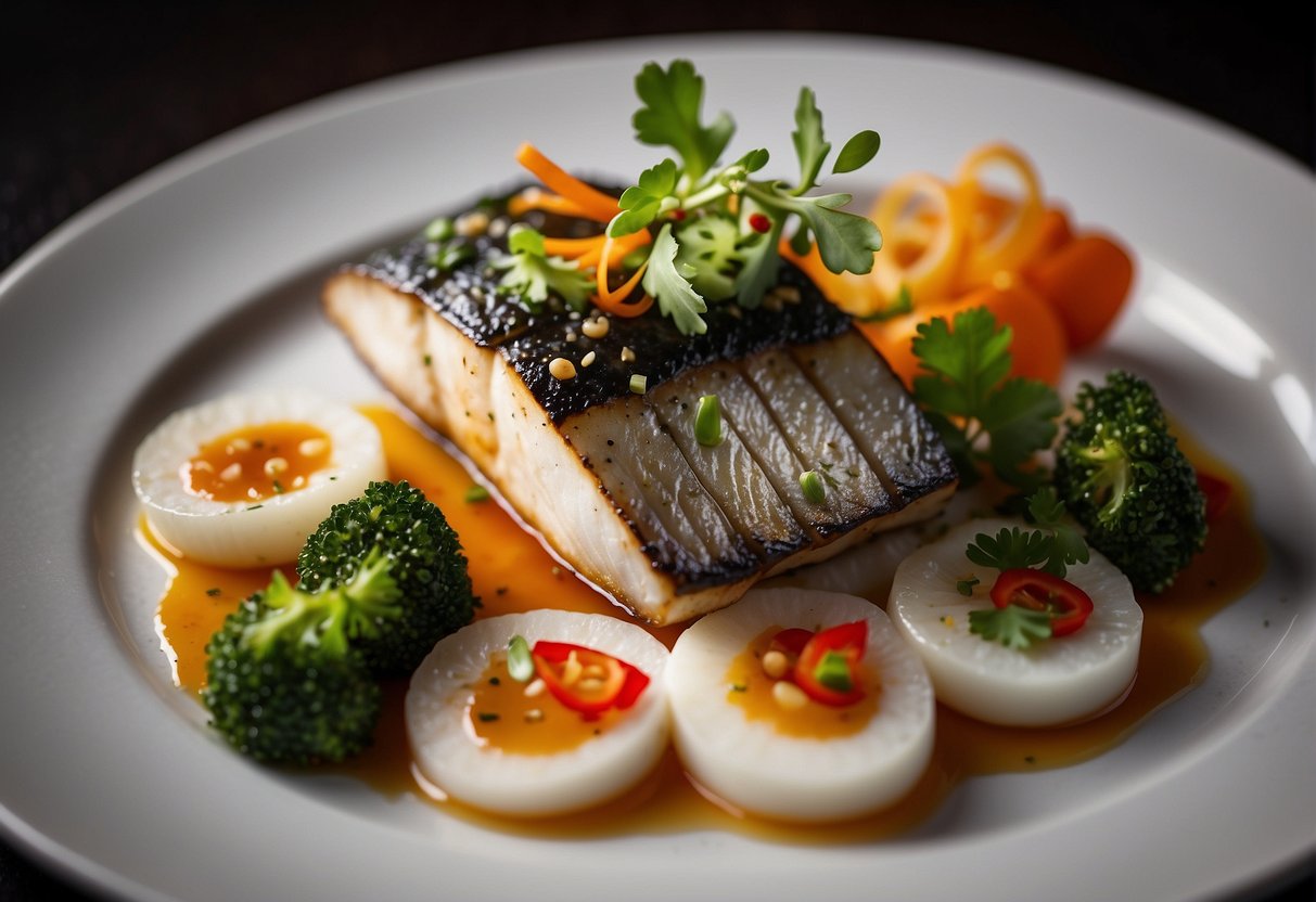 A beautifully plated sea bass fillet dish with Chinese-inspired garnishes and sauces