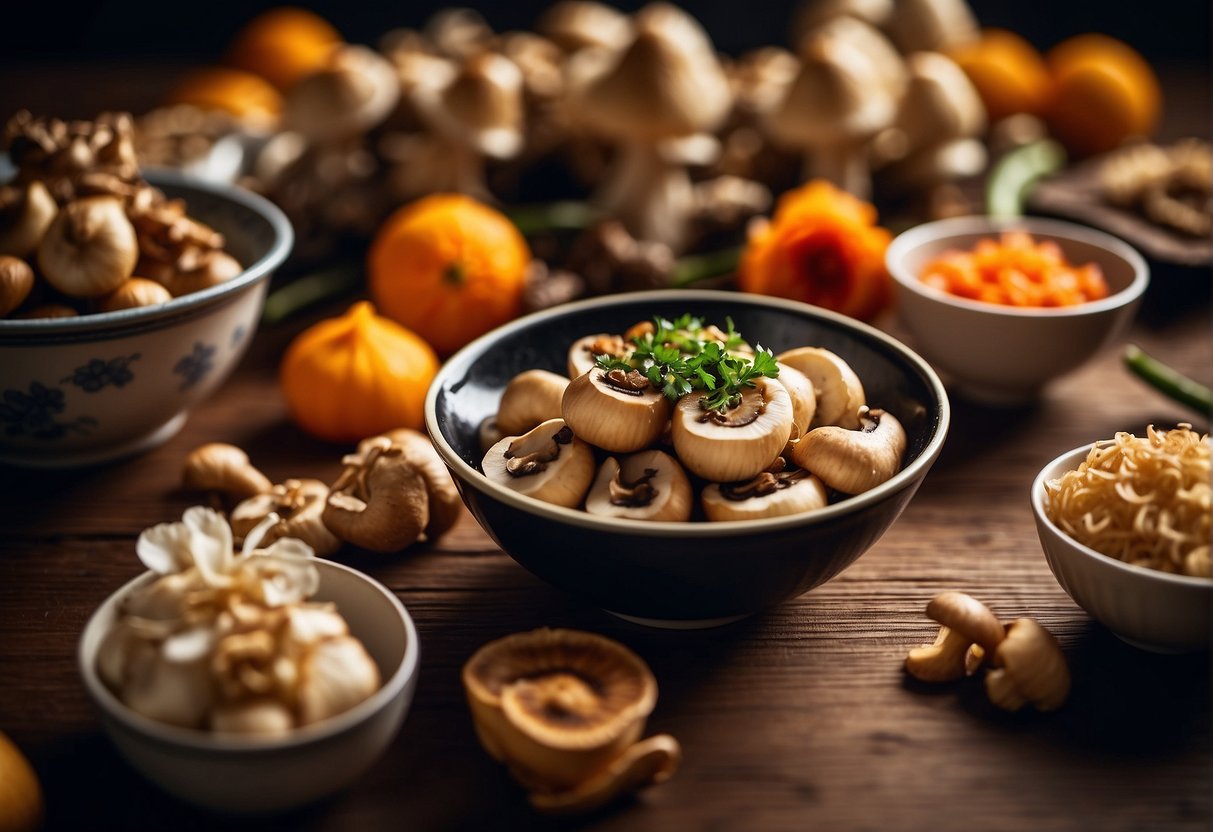 Mushrooms being sliced and marinated in soy sauce and ginger, surrounded by traditional Chinese New Year decorations