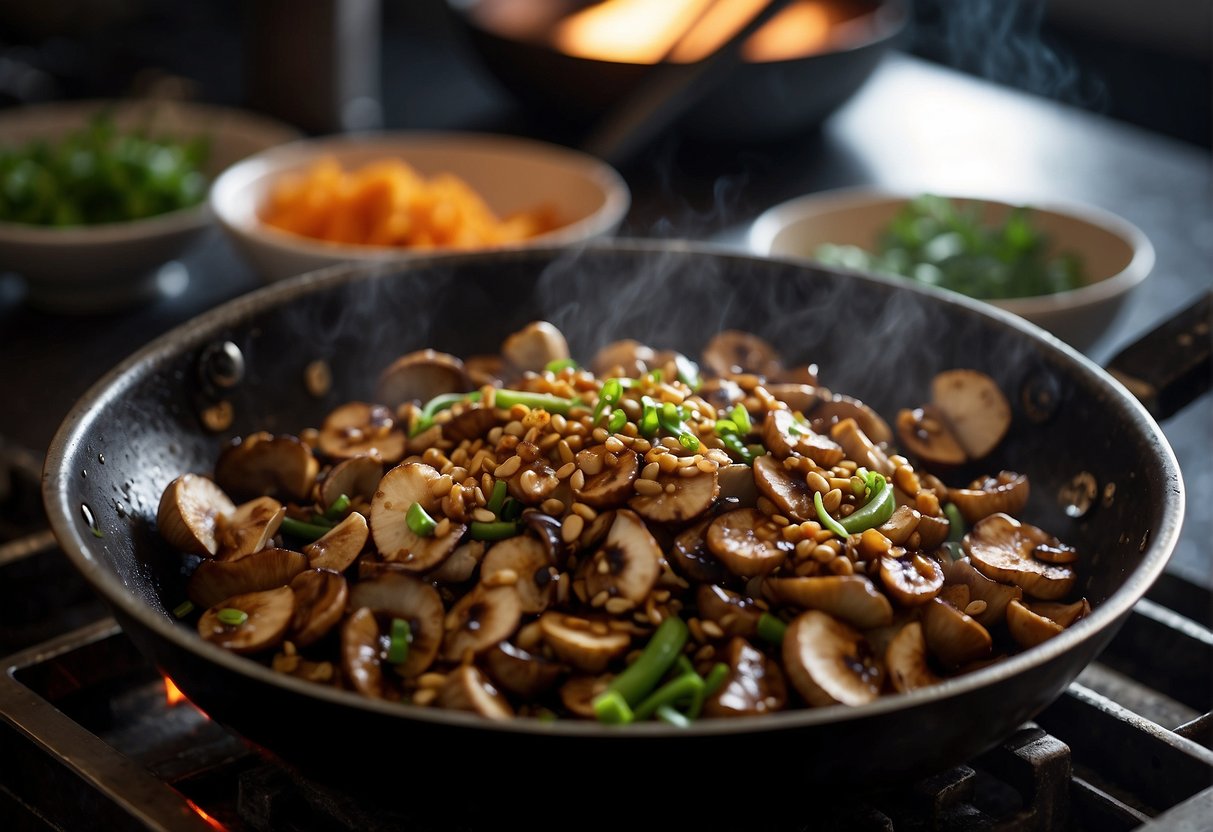 A wok sizzles as mushrooms, ginger, and garlic are stir-fried. Soy sauce, sugar, and green onions are added, creating a savory aroma