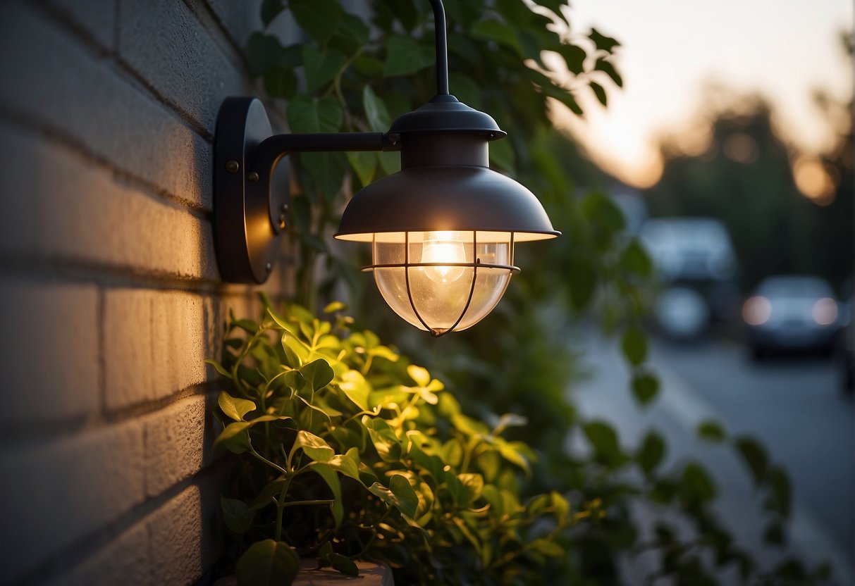 A modern outdoor wall light is strategically placed to illuminate a cozy seating area, casting a warm glow on the surrounding foliage and creating a visually appealing ambiance