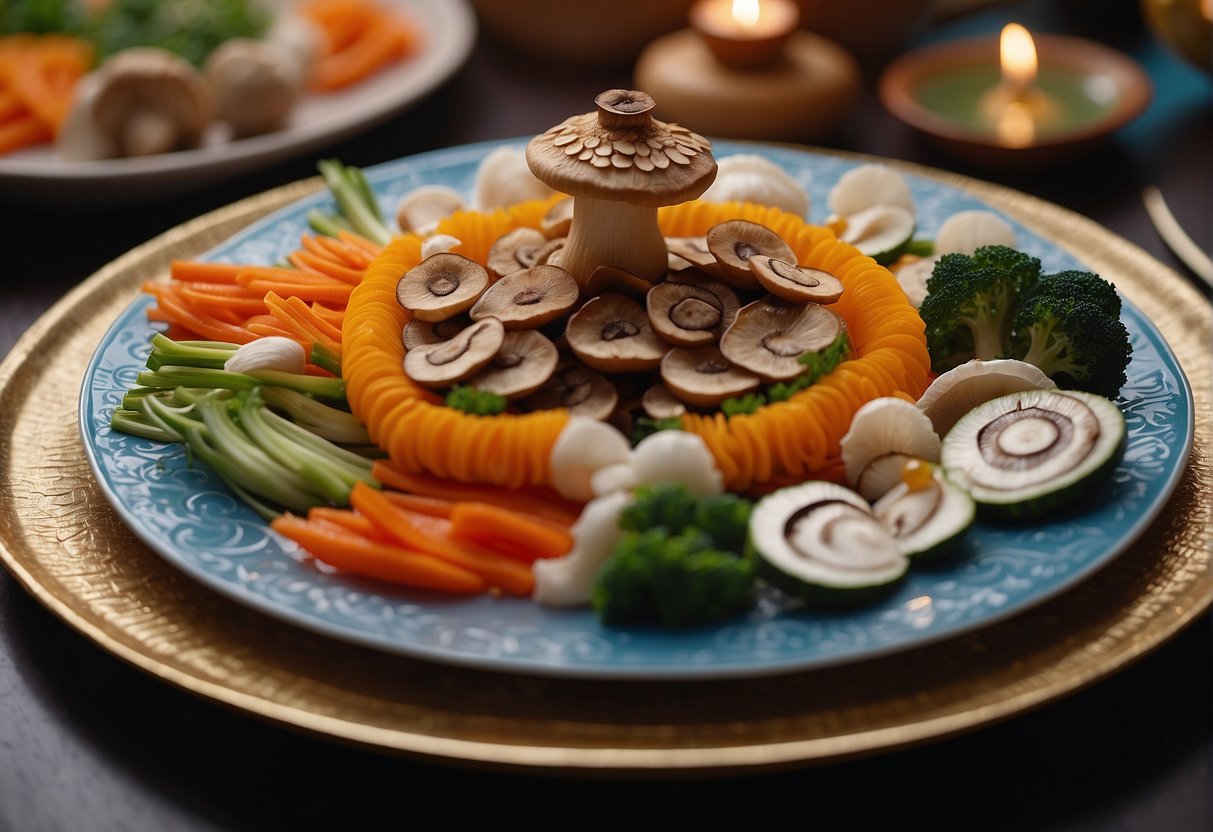 Mushrooms being garnished with vibrant vegetables and served on a decorative platter for Chinese New Year celebration