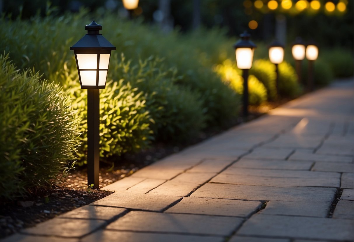 Outdoor wall lights positioned along a garden pathway, illuminating the surrounding plants and highlighting the landscape design