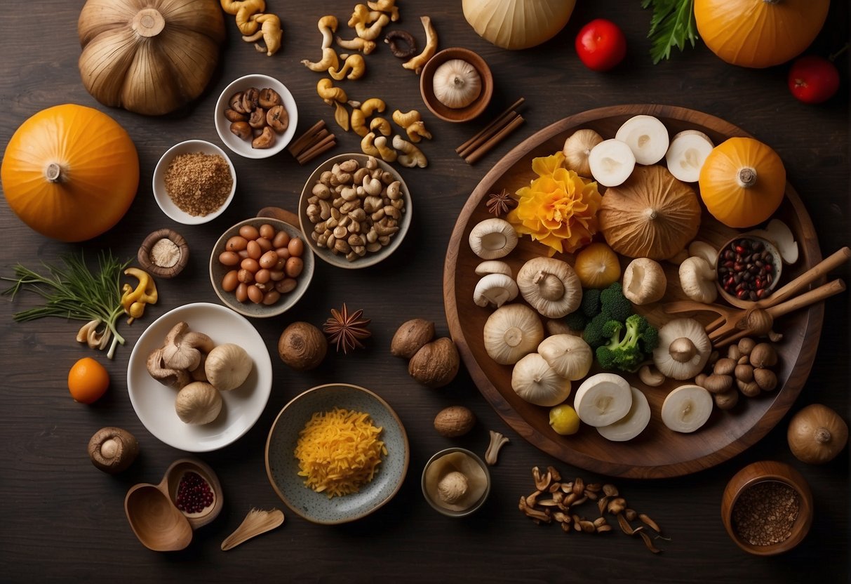 A table adorned with various ingredients and utensils for making Chinese New Year mushroom recipe, symbolizing cultural significance and variations
