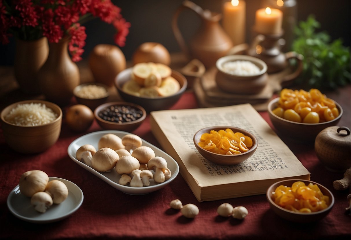 A table set with ingredients like mushrooms, ginger, and soy sauce, with a recipe book open to a page titled "Frequently Asked Questions Chinese New Year Mushroom Recipe."