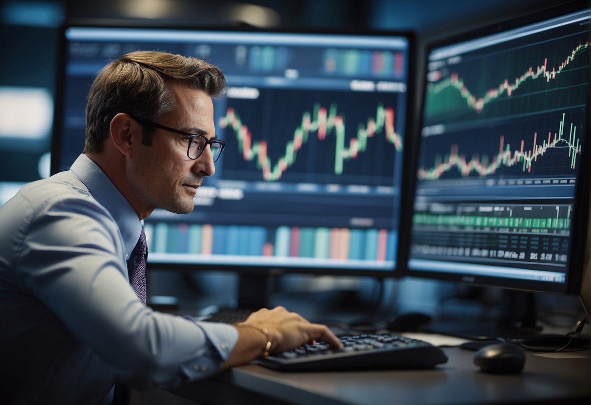 A person analyzing news and market trends, surrounded by financial charts and graphs, with a focus on key factors for market timing strategy
