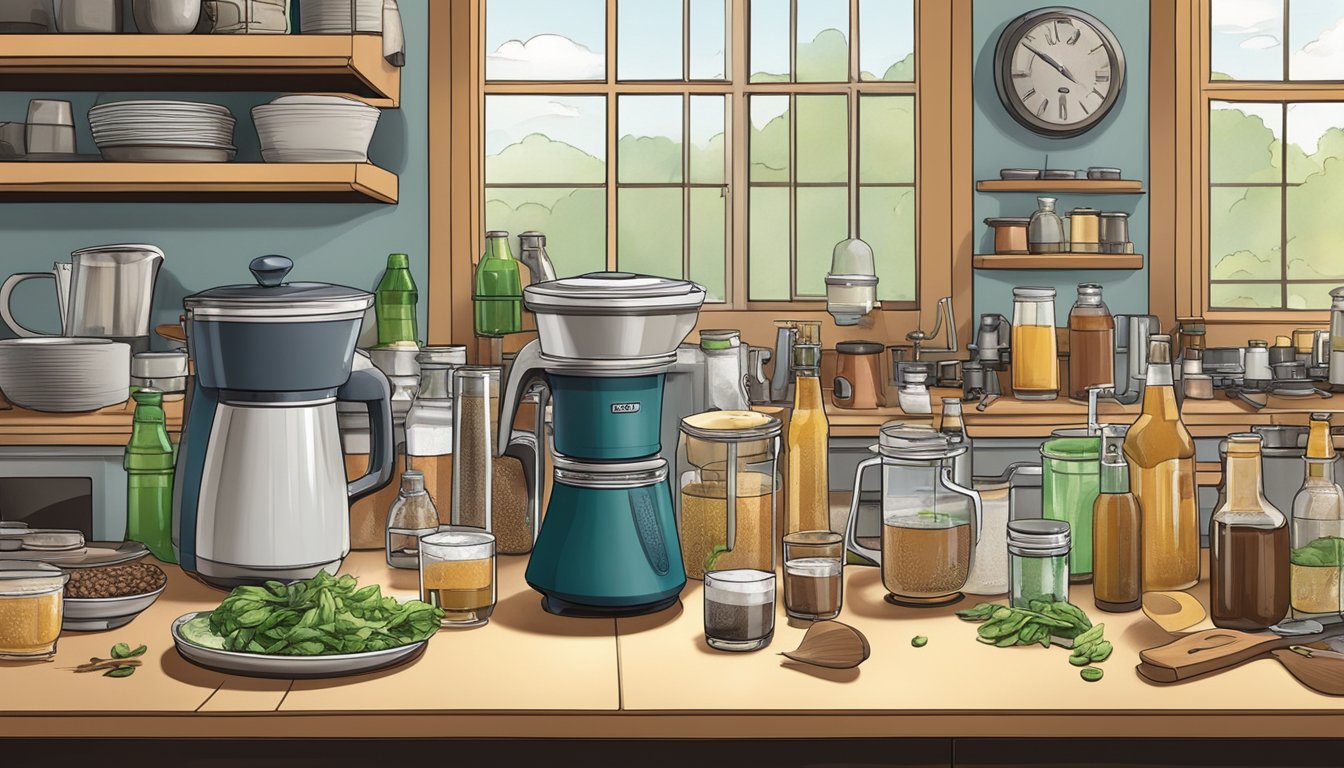 A cluttered kitchen counter with brewing equipment, bottles, and ingredients. A sense of excitement and anticipation fills the air