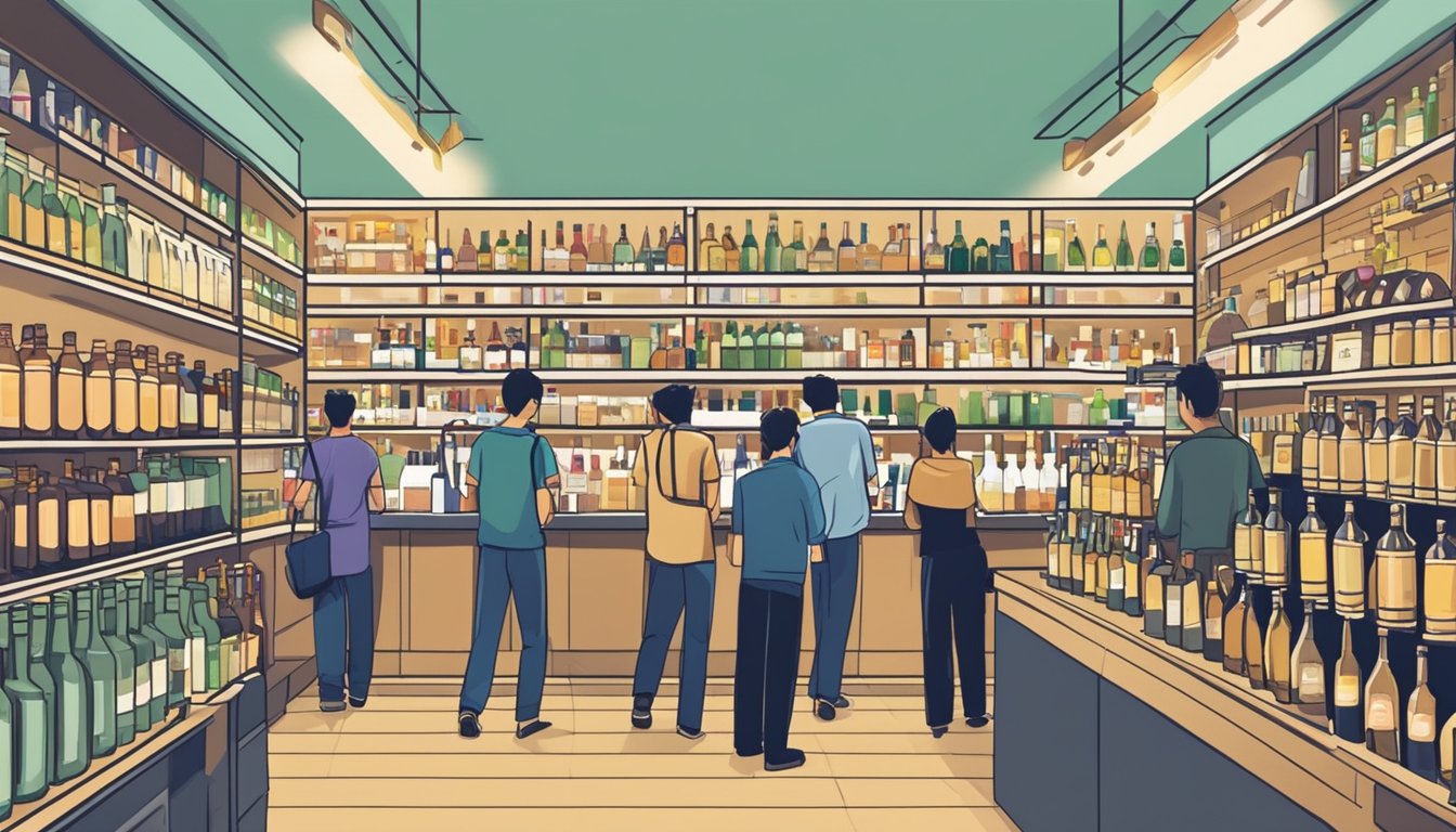 A bustling liquor store in Singapore, with shelves stocked with various alcohol bottles and customers browsing for the cheapest deals
