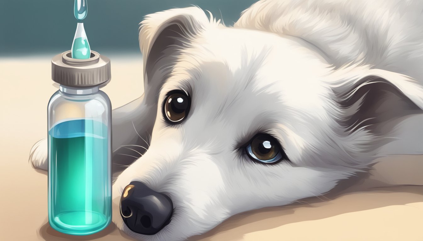 A dog's eye receiving drops of cyclosporine from a small bottle