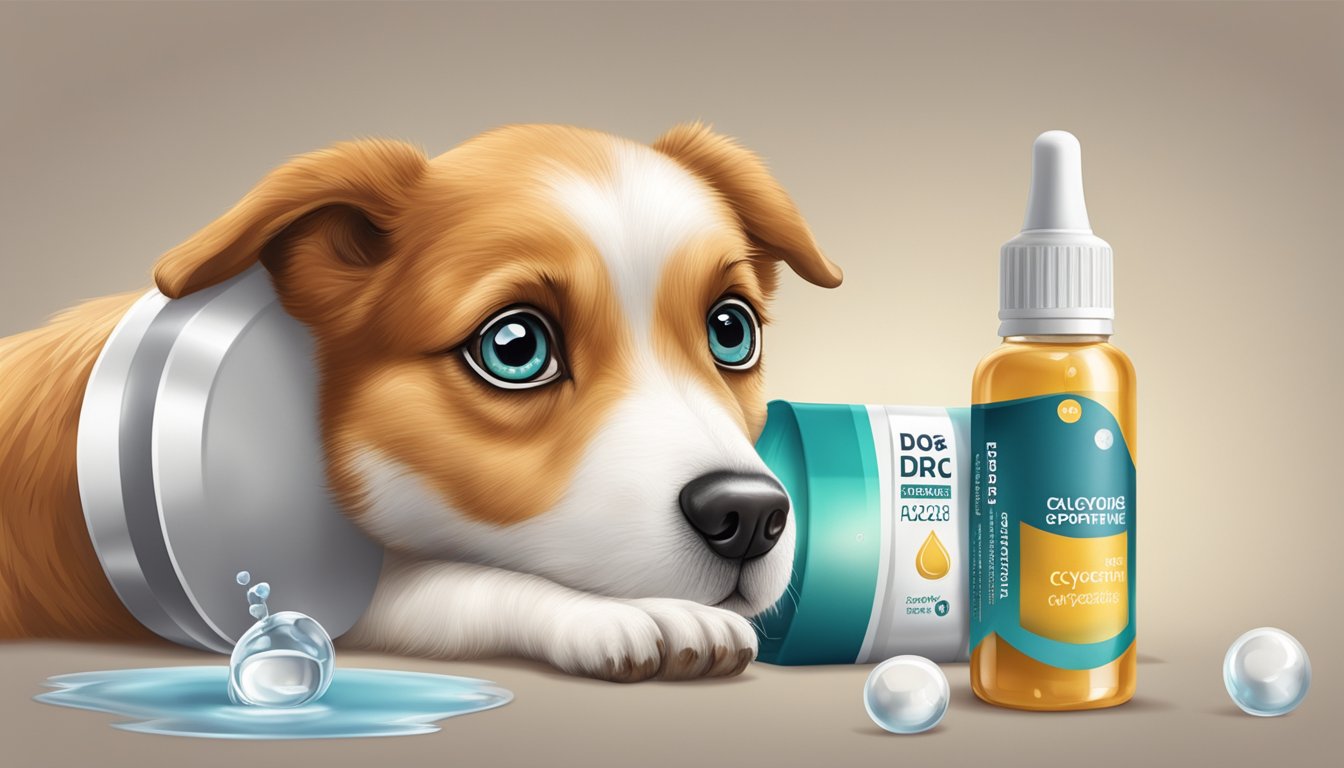 A dog's eye receiving drops of cyclosporine, with the bottle and packaging nearby