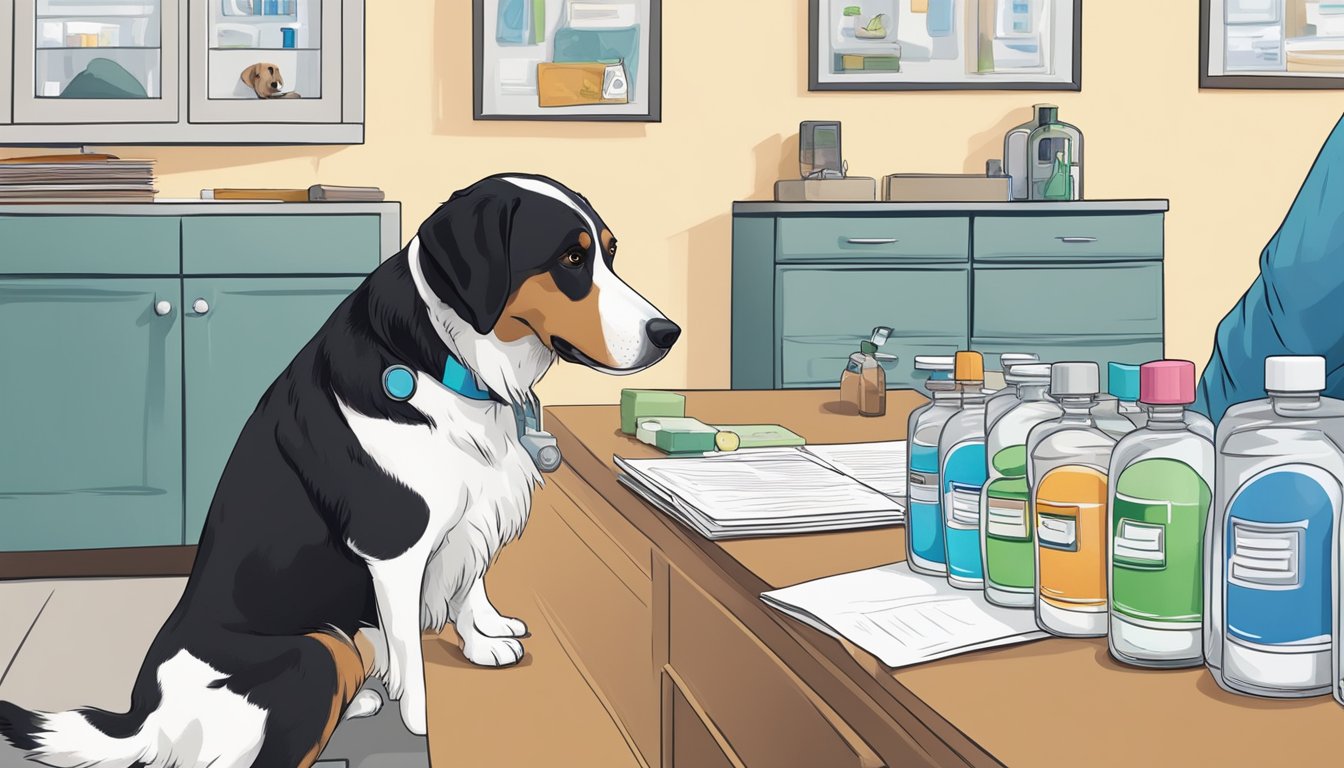 A hand reaches for a bottle of cyclosporine eye drops, while a dog patiently waits. A veterinarian's office setting with medical supplies in the background