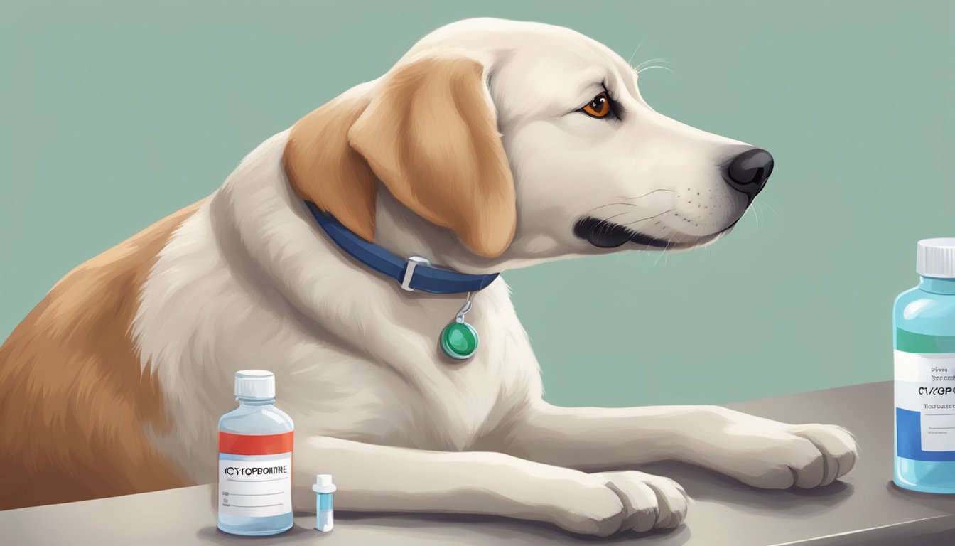 A dog with red, irritated eyes receives a drop of medication from a small bottle labeled "Cyclosporine" while sitting calmly on a veterinary exam table