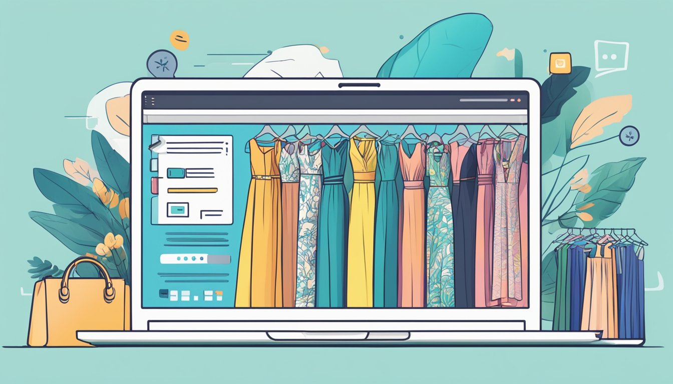 A laptop displaying a website with a variety of maxi dresses. A cursor hovers over a "buy now" button