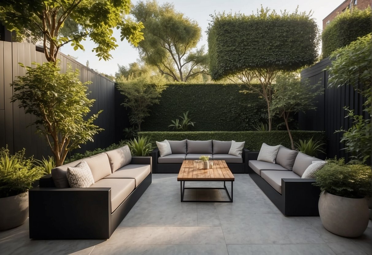 A serene outdoor space with a modern design, featuring clean lines, minimalist furniture, and lush greenery. A large patio with a sleek dining area and a cozy seating arrangement