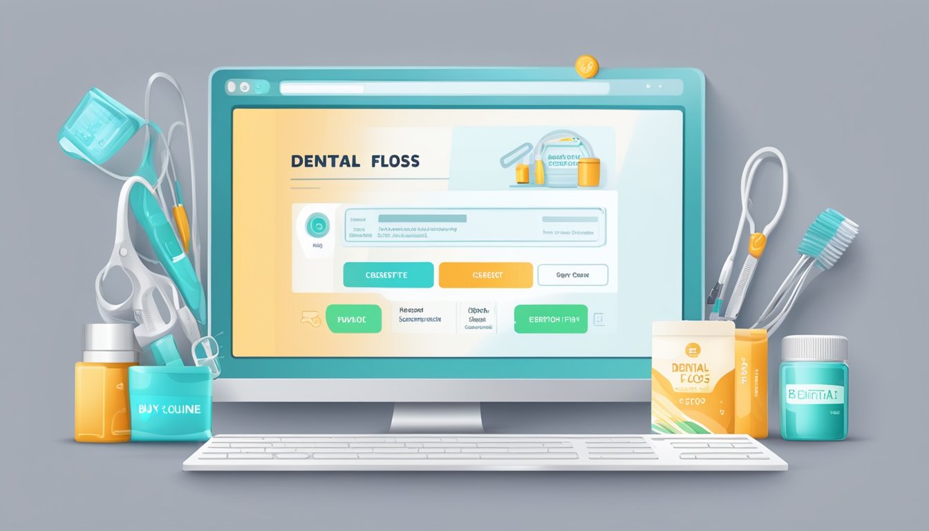 A computer screen displaying a website with "dental floss buy online" in the search bar, surrounded by dental products and a secure checkout button