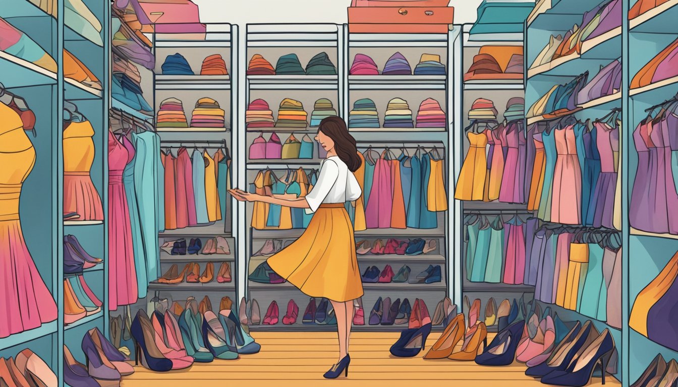 A woman holds up a variety of maxi dresses, examining the different patterns and colors. She is surrounded by racks of dresses and shelves of shoes, creating a vibrant and stylish atmosphere