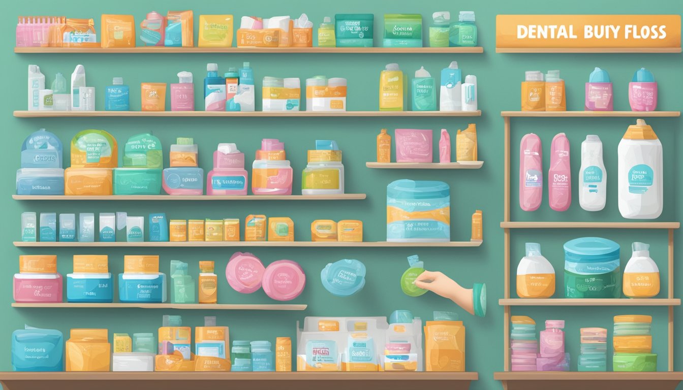 A hand reaches out to select from a variety of dental floss options displayed on a shelf, with the words "dental floss buy online" visible