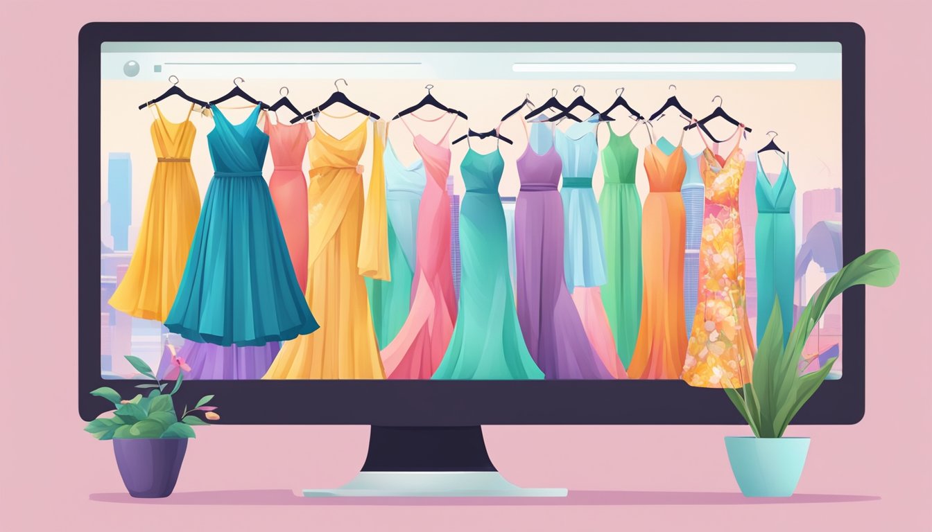 A computer screen displaying a variety of colorful maxi dresses on an online shopping website, with a Singaporean landmark visible in the background