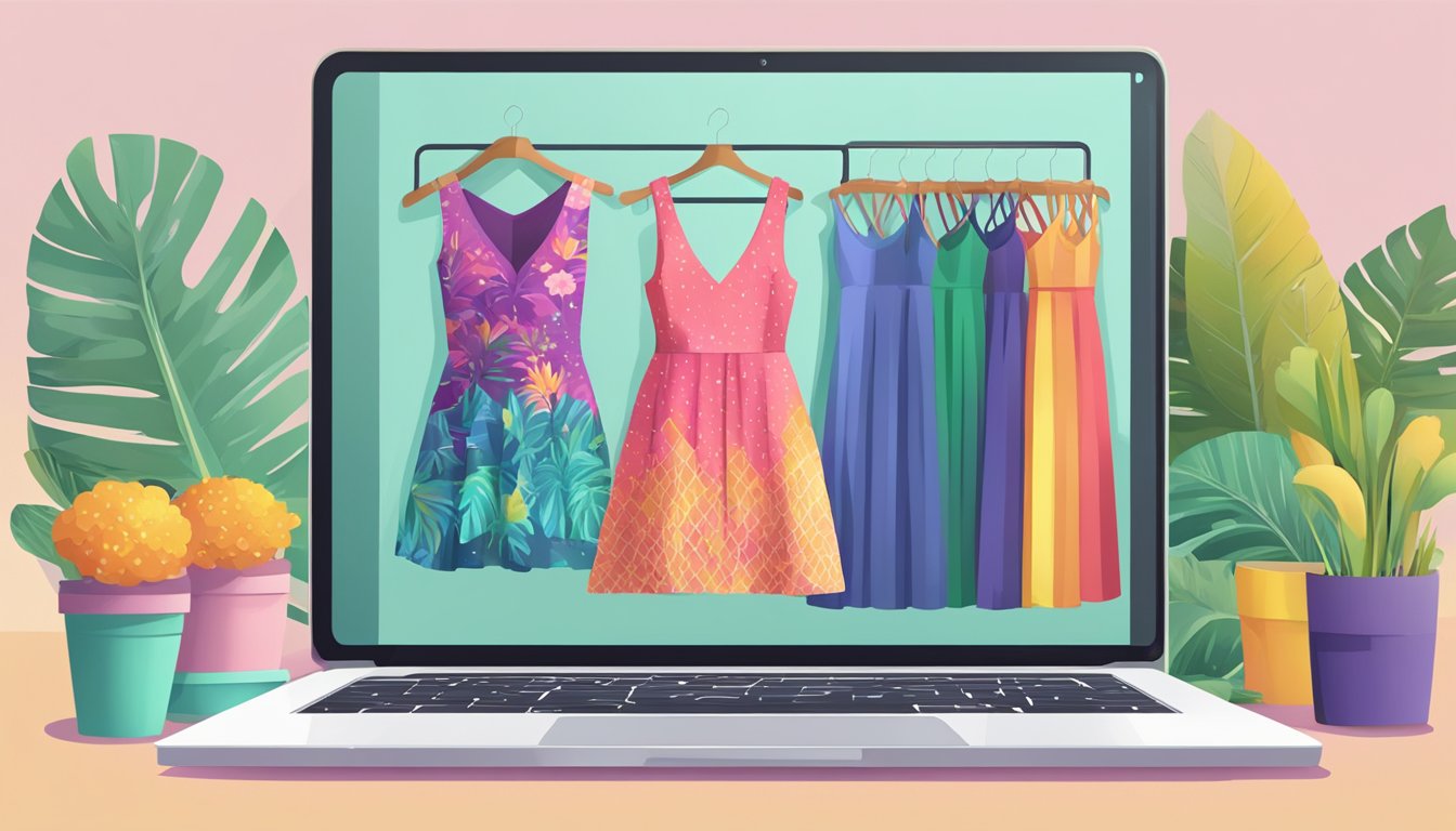 A laptop with a search bar open, displaying "buy maxi dress online singapore." A stack of colorful maxi dresses in the background