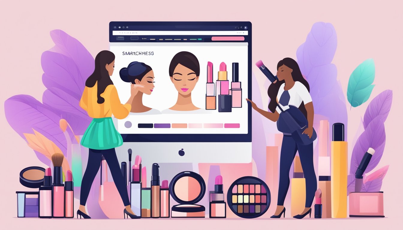 Customers browsing a variety of makeup products on a user-friendly website interface, with clear categories and search options